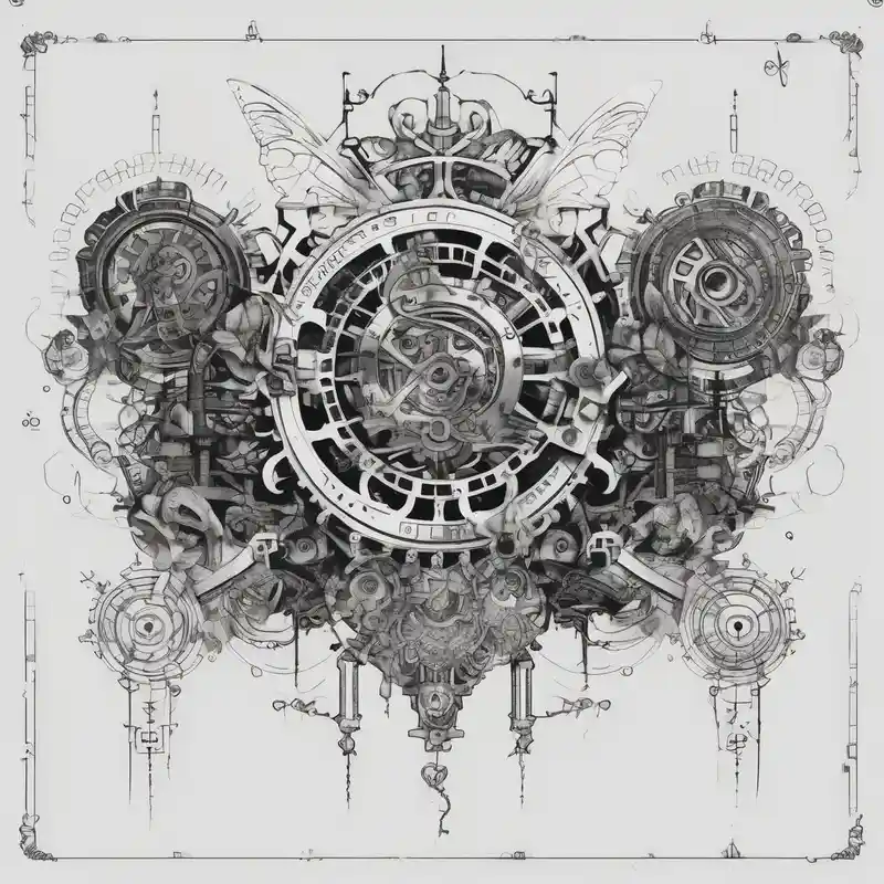 tattoo design for back spine with techno mechanical aspects representing life and eternity. sprockets gears screws levers – Sketch, Vibrant color